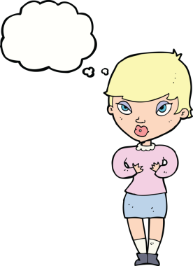 Bir insan tarafından çizilmiş düşünce baloncuğuyla kendine el kol hareketi yapan karikatür kadını.