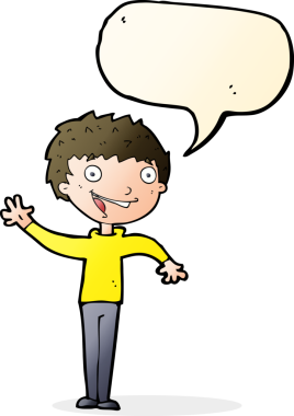 Bir insan tarafından çizilmiş konuşma baloncuğuyla el sallayan mutlu çocuk.