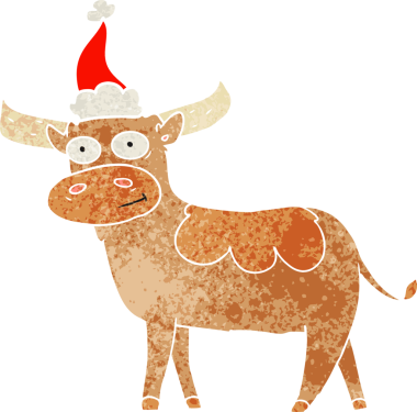 Bir insan tarafından çizilmiş Noel Baba şapkası giymiş bir boğanın el çizimi karikatürü.