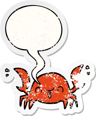 Konuşma baloncuklu çizgi film yengeci bir insan tarafından çizilmiş sıkıntılı eski bir çıkartma