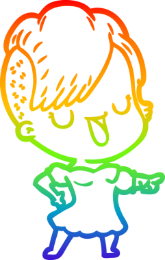 Gökkuşağı gradyan çizimi. Hipster saç kesimi bir insan tarafından çizilmiş şirin bir çizgi film kızı.