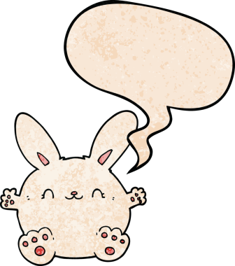 Konuşma baloncuğu olan sevimli çizgi film tavşanı insan tarafından çizilmiş.