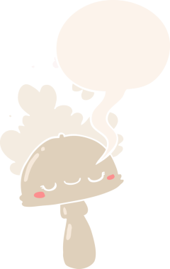 Çizgi film mantarı, komik bulutlu, konuşma baloncuklu retro tarzı bir insan tarafından çizilmiş.