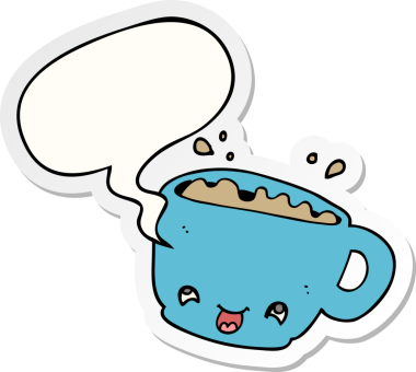 Bir insan tarafından çizilmiş konuşma kabarcığı çıkartmalı bir fincan kahve.