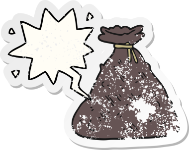 Bir insan tarafından çizilmiş sıkıntılı eski bir çıkartma, konuşma balonlu eski bir Hess çuvalı.