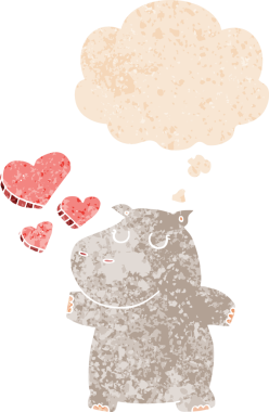 Çizgi film hipopotamları, bir insan tarafından çizilmiş dertli retro tarzdaki düşünce baloncuğuna aşık.