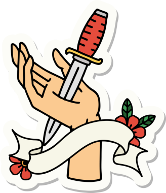 Bir insan tarafından çizilmiş eline hançer işareti olan dövme stili çıkartması.