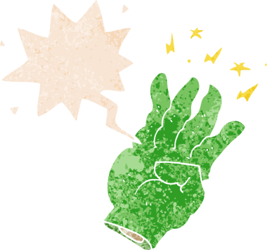 Bir insan tarafından çizilmiş, dertli, gerilmiş, garip, konuşma baloncuklu, çizgi film karakteri sihirli el.