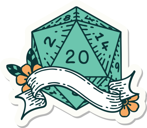 Bir insan tarafından çizilmiş 20 D20 zarının çıkartması.