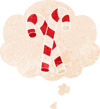 Düşünce baloncuklu çizgi film şeker bastonları grunge sıkıntılı retro dokuma tarzı bir insan tarafından çizilmiş