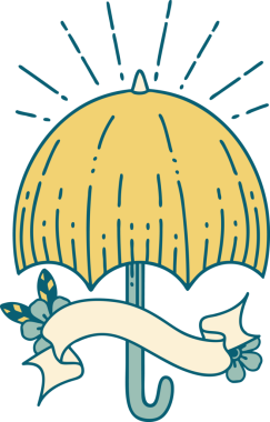 Bir insan tarafından çizilmiş dövmeli açık şemsiyeli parşömen.