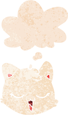 Düşünce baloncuklu çizgi film kedisi yüzü bir insan tarafından çizilmiş dertli retro dokuma tarzı