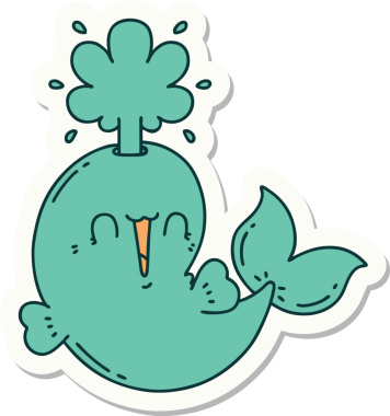 Dövme stili çıkartma. Bir insan tarafından çizilmiş mutlu, fışkırtan balina karakteri.