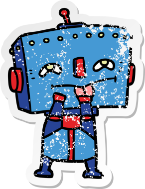 Bir insan tarafından çizilmiş karikatür robotunun sıkıntılı çıkartması.