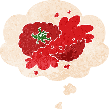 Düşünce baloncuklu ezilmiş domates çizgi filmi grunge sıkıntılı retro dokuma tarzı bir insan tarafından çizilmiş