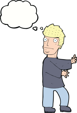 Bir insan tarafından çizilmiş düşünce baloncuğu olan sinirli bir adam.