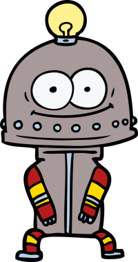 Bir insan tarafından çizilmiş ampullü mutlu karton robot.