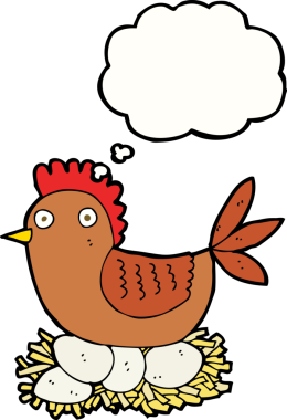 Bir insan tarafından çizilmiş düşünce baloncuklu yumurtalar üzerinde çizgi film tavuğu.