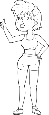 Bir insan tarafından çizilmiş siyah beyaz çizgi film mutlu spor salonu kadını.