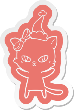 Bir insan tarafından çizilmiş Noel Baba şapkası takan bir kedinin komik çizgi film çıkartması.