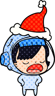 Noel Baba şapkası takan astronot bir kadının çizdiği el çizimi çizgi roman çizimi.