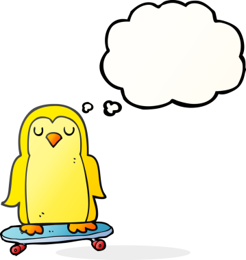 Bir insan tarafından kaykay üzerinde serbest çizilmiş düşünce balonu karikatür kuşu.