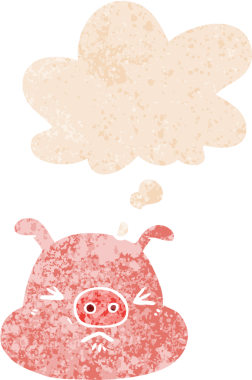 Düşünce baloncuğu içinde kızgın domuz suratlı karikatür dertli eski moda bir insan tarafından çizilmiş.