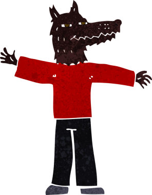 Bir insan tarafından çizilmiş mutlu kurt adam çizgi filmi.