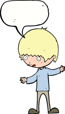 Bir insan tarafından çizilmiş konuşma baloncuğuyla kollarını açmış çizgi film çocuğu.