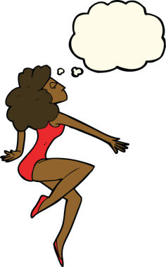 Bir insan tarafından çizilmiş düşünce balonlu çizgi film dansçısı kadın.