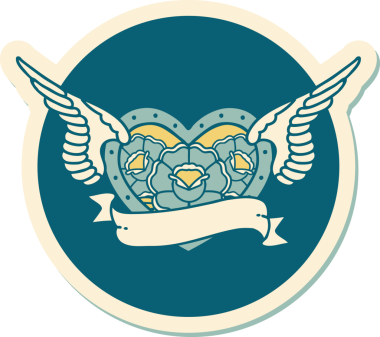 Geleneksel bir dövme stili. Uçan kalp. Çiçekler ve bir insan tarafından çizilmiş bayrak.