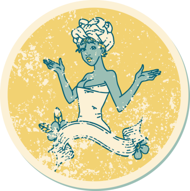 Geleneksel bir stil olan, havluyla pankart çizmiş, insan dövmeli bir kız dövmesi.