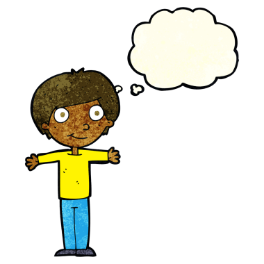 Bir insan tarafından çizilmiş düşünce baloncuğuyla kolları açık mutlu çocuk çizgi filmi.