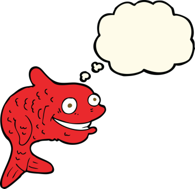 Bir insan tarafından çizilmiş düşünce balonlu mutlu balık çizgi filmi.