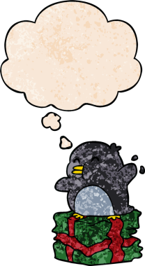 Bir insan tarafından çizilmiş grunge desenli düşünce baloncuğu olan penguen.