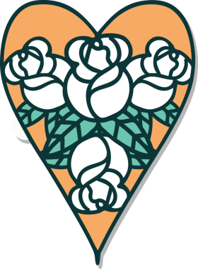 Geleneksel kalp stili dövme çıkartması ve bir insan tarafından çizilmiş çiçekler.