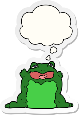 Düşünce baloncuklu çizgi film karakurbağası insan tarafından çizilmiş bir çıkartma.