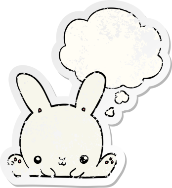 Düşünce baloncuğu olan çizgi film tavşanı insan tarafından çizilmiş yıpranmış bir çıkartma.