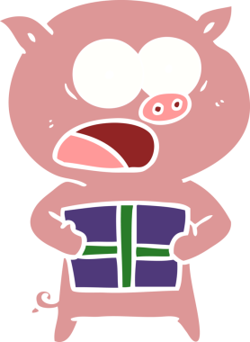 Düz renkli çizgi film domuzu. Bir insan tarafından çizilmiş Noel hediyesi.