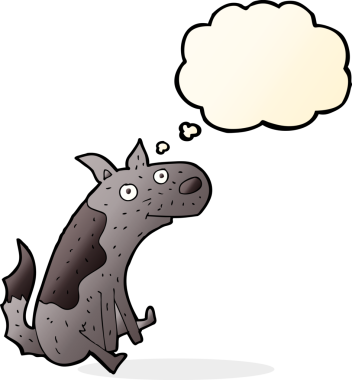 Bir insan tarafından çizilmiş düşünce baloncuğu ile oturan bir köpek.