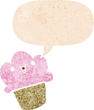 Yüzü konuşma baloncuğu olan, grunge 'da sıkıntılı, desenli bir insan tarafından çizilmiş bir kek.