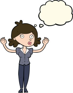 Bir insan tarafından çizilmiş düşünce baloncuğuyla teslim olan çizgi film kadını.