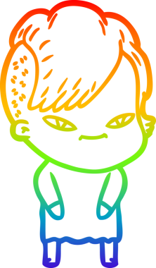 Gökkuşağı gradyan çizimi. Hipster saç kesimi bir insan tarafından çizilmiş şirin bir çizgi film kızı.