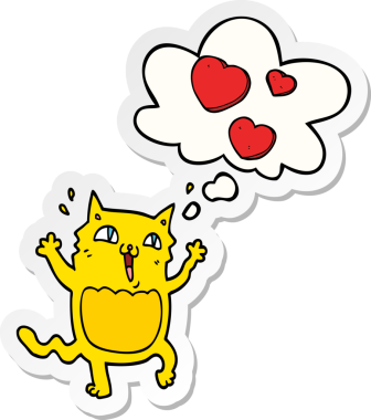 Düşünce balonuna delicesine aşık çizgi film kedisi insan tarafından çizilmiş bir çıkartma gibi.