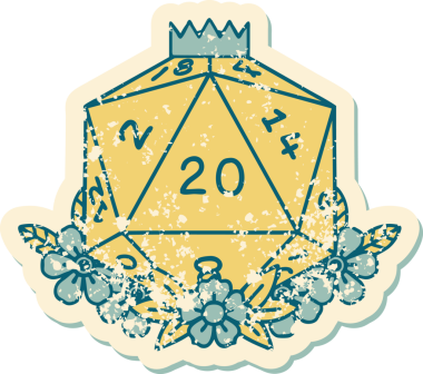 Retro Dövme Biçimi Doğal 20 D20 zar bir insan tarafından çizilmiş çiçek elementleriyle