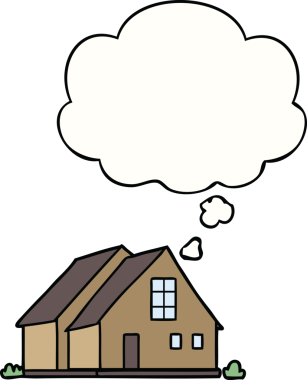 Bir insan tarafından çizilmiş düşünce baloncuklu çizgi film evi.