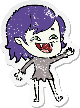 Bir insan tarafından çizilmiş gülen vampir kız çizgi filminin sıkıntılı çıkartması.