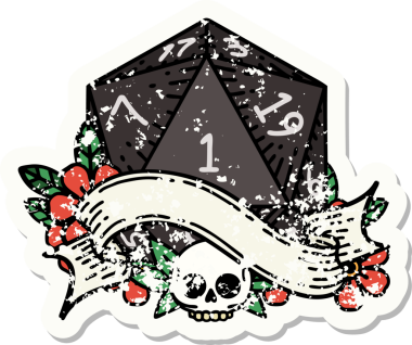 Bir insan tarafından çizilmiş doğal bir d20 zarının grunge çıkartması.