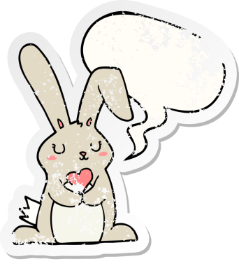 Konuşma balonuna aşık çizgi film tavşanı bir insan tarafından çizilmiş sıkıntılı eski bir çıkartma