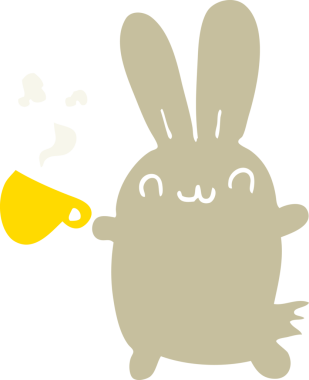 Sevimli düz renkli çizgi film tavşanı bir insanın çizdiği kahveyi içiyor.